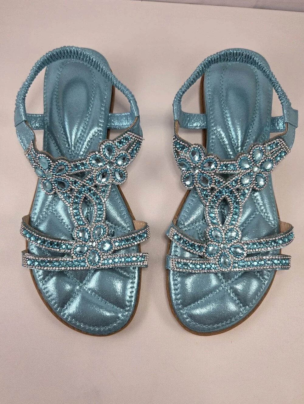 Metallic Turquoise Rhinestone T-Strap Flat Sandals - Size 41